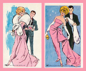 Two cards showing blonde bubble cut Barbie in Enchanted Evening, escorted by a tuxedo-clad Ken