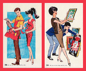 In card 206, brunette ponytail Barbie in a red polka dot sheath helps Ken into an apron. In card 194, a dark-haired bubble cut Barbie admires a small, framed landscape painting while Ken ponders a portrait of a clown.