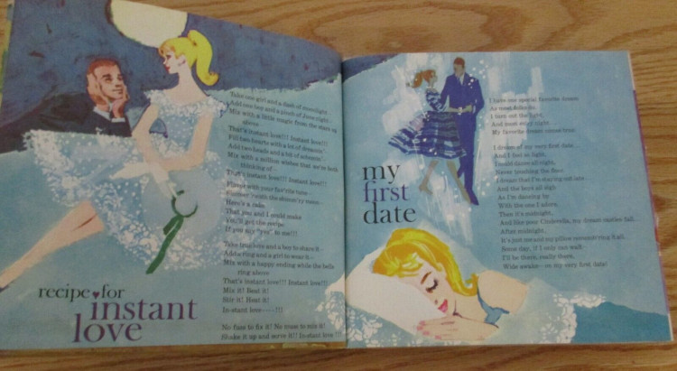 Two pages of a lyrics booklet are shown. At left are lyrics to a song called "recipe for instant love." An illustration shows Barbie and Ken sharing a moment by moonlight. Barbie is dressed in an unknown lacy blue dress--think Plantation Belle in pastel blue--with white gloves an a white picture hat with green ribbon. At right, lyrics from a song entitled "my first date" are accompanied by an illustration of Barbie in the "Let's Dance!" fashion dancing with Ken, and Barbie tucked in bed, asleep.