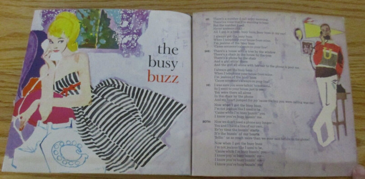 Two pages of a lyrics booklet are shown. At left is a song title--"the busy buzz"--with a full page illustration of Barbie wearing "Cotton Casual" and holding a phone to her ear. At right are song lyrics with a sketch of Ken in "Campus Hero," also using a phone.