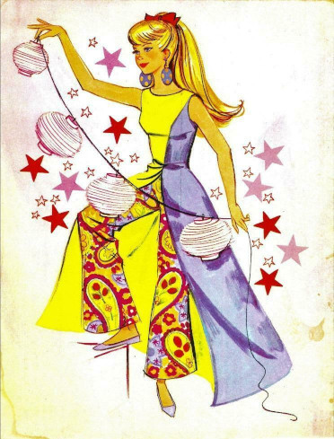 Illustration of mod-era Barbie, wearing Patio Party (1967) and hanging paper lanterns