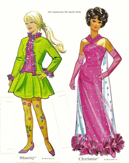 Page from the 1968 Whitman paper doll set featuring the Stacey and Christie dolls. Text at the top reads, "All fashions fit each doll." The Fancy Dancy and Extravaganza fashions that came in that paper doll set are digitally overlaid on the two dolls, with the Extravaganza fashion modified so that the shoulder area's skin tone matches Christie. The sheer tights of Fancy Dancy also reveal pale skin.
