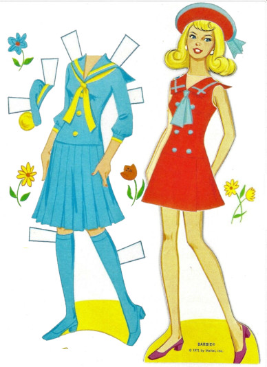 A Whitman Barbie paper doll is shown digitally overlaid with the Land Ho! Francie fashion; next to the doll, the See Worthy Barbie fashion is also shown. Simple flower illustrations surround the doll and fashions.