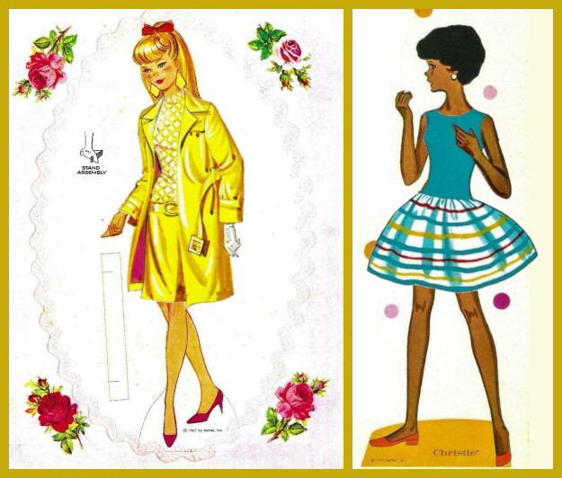 Two Whitman paper dolls composited with fashions from their sets: at left, Barbie in Intrigue; at right, Christie in Twinkle Togs.