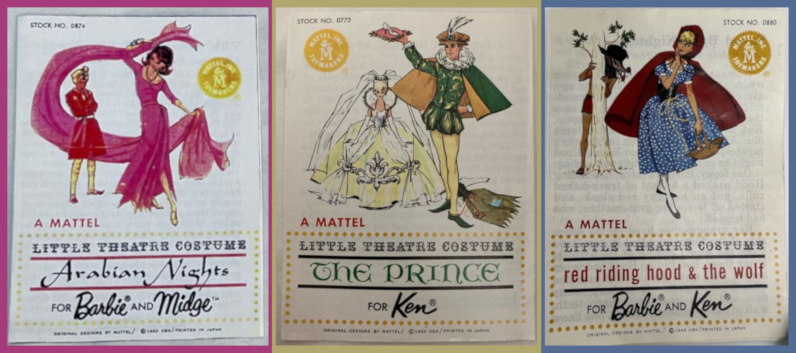 Tiny playbills that came with Little Theatre costumes. At left, Barbie wears the Arabian Nights ensemble; a scarf or veil swirls dramatically around her. Ken is costumed in the background. Text toward the bottom says the costume is for Barbie and Midge. At center, the costume for Ken as the Prince from Cinderella; Ken holds aloft the glass slipper on a pillow, while Barbie dressed, dressed for the Ball, stands in the background. At right, Barbie as Red Riding Hood stands in the foreground while Ken in a wolf mask can be seen peering from behind a tree at back. The text on this piece indicates the costumes are for both Barbie and Ken.