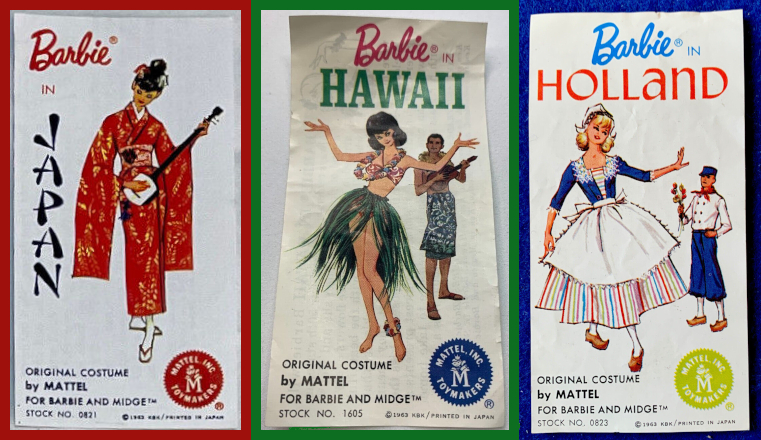 Tiny brochures that came with barbie travel costumes in 1944: Barbie in Japan, Barbie in Hawaii, and Barbie in Holland. On each brochure, Barbie is illustrated in the outfit from the respective set. On the Hawaii and Holland brochures, Ken can be seen, costumed, in the background.