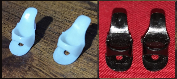 Two photos: pair of white open-toed shoes on wood surface, and black open-toed shoes on red surface. All have holes centered in the bottom near where the balls of Barbie's feet would rest.