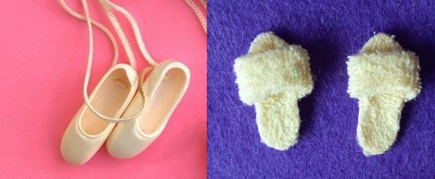 Two photographs of Barbie shoes on colored backgrounds. Left is a pair of plastic ballet flats in white or off-white on a smooth pink background. The shoes have long strings attached that roam out of the frame and then back in at one corner. Right, pale yellow terry scuffs (flat flip-flop type open-toed shoes in towel type material) on dark purple felt-textured background.