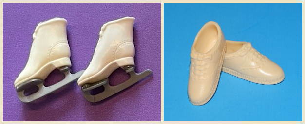 Two panels. On a purple background, a pair of white plastic molded skates with silver-colored blades lie on their side. On a bright blue background, white molded sneakers ina similar style and piled.