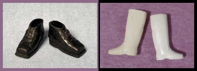 Left: square-toed black ankle boots with molded laces on a grey background. Right: white low-heeled boots, one is somewhat yellowed, on a dusty purple background.
