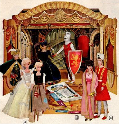 In a full-color catalog photo, seven Barbie and Ken dolls in various Little Theatre costumes pose before the playset: Barbie in her Guinevere, Arabian Nights, and two Cinderella costumes, and Ken in the three corresponding costumes. All of the Barbies are bubble cut except the servant Cinderella, who sports a ponytail. The two Cinderellas are blonde while the other two Barbies are brunette. The backdrop installed in the theatre shows the interior af a castle, with a winding staircase and narrow, peaked windows. On stage are two thrones--Guinevere sits in one. This view shows that when the front of the carrying case is opened out and down, it forms a flat surface with audience seating depicted in two dimensions. Two side panels also open out to show illustrations of box seats framed by heavy drapes in red and gold. Arrayed atop the "seating" are a booklet of plays that came with the play set and small tickets to the shows (small for us, but nearly as long as Barbie's arm!)