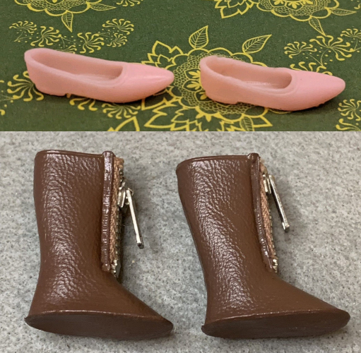 Top: On a floral printed background, baby pink flat closed-toed shoes. Bottom: on a grey surface, brown leather-look calf-high boots with very flat bottoms and silver zippers down the front.