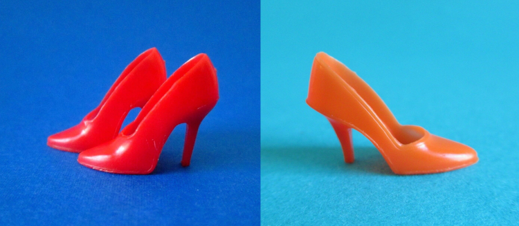 Left: a pair of red "spike heels on a blue background; right: a single orange pump on a teal background