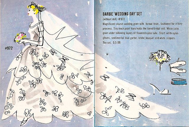 Two-panel profile view of a blonde Barbie in the "Wedding Day" set, its long train extending across two pages. Barbie' skin is a starker white than her dress, and the background in a light blue shade.