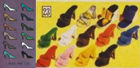 Left: simple illustration of closed-toed pumps in profile, lines up in two columns of six each, all in solid colors, on purple background. Right: photograph of 11 Barbie open-toed shoes in different colors (red, orange, mustard, green, blue, brown black, navy, and clear with glitter, plus wedges in two colors. 