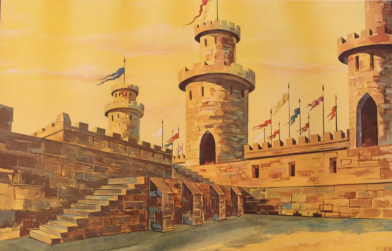 A matte painting-style backdrop that was part of the Little Theatre; this one shows a castle courtyard with colorful banners rippling in the wind. The sky is yellow with pinkish clouds. The stone castly has a brownish tint and the ground is a wash of brown and navy. Although there are bright spots of color here and there, this scene looks sad to me.