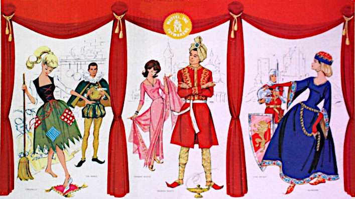 A color illustration of three scenes, separated by heavy red curtains bound by gold tassels, from the Barbie and Ken Little Theatre. At left, Barbie stands in the foreground weaing Cinderella's servant costume and holding a broom, while with her left foot she reaches toward the glass slipper, which lies on a pillow on the floor before her; Ken, in the background, wears the Prince costume and holds his hat to his chest with both hands. Barbie's costume for the ball appears to be wadded up on the floor behind her. At middle, Ken stands in the foreground wearing his Arabian Nights costume; the genie lamp sits at his feet. Barbie poses in the background in her costume from that theme. At right, Barbie wears the Guinevere costume in the foreground; behind her, Ken wears the King Arthur costume., holding his helment with one hand and in the other his sword pointed vertically up; his shield rests against his leg in an upright position. In the background of each scene is a plain pencil sketch suggesting the setting: for Cinterella, pots and pans hang from a brick hearth; behind the Arabian Nights performers, towers topped by onion domes suggest a Middle Eastern city; behind Arthur and Guinevere is what I must assume is Camelot, although without context my first guess would have been "city skyline," and after careful inspection of the image at full resolution, "college campus."