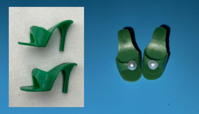 Left: two green open-toed heels that used to have "pearl" beads glued on. It is possible to see the circular setting molded into the shoe where the pears were to be attached. Right: similar shoes with brand new white "pearls" glued into place.
