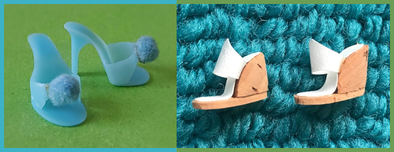 Two close-up images of Barbie shoes from eBay sellers. At left, pale blue open-toed shoes are decorated with pompons in the same color, as in the Sweet Dreams ensemble. At right, wedge heels made of cork with white soles and uppers, as in the Winter Holiday ensemble.