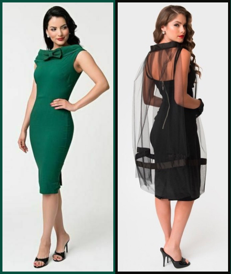 Models wear life-seized versions of Barbie's green silk sheath, complete with wide roll collar and matched bow, and Black Magic, with oversized back zipper, sheer, ribbon-lined cape, and short black gloves.