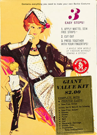 Packaging illustration: a woman with red bubblecut hair style wears a crescent hat and sheath dress of white fabvric with black pin dots, along with beaded necklace, black belt, black jacket whose sleeves come to mid forearm, and long white gloves. In miniature, a woman with blonde bubblecut wears the same pindot fabric as a top with long black skirt, pindot bag, and black open toed shoes. 
Text on the box reads: "Contains everything you need to make your own Barbie Costume
3 Easy Steps!
1. Apply Matted Sew Free Strips TM
2. Cut Out
3. Press Together With Your Fingertips!
A Whole New World Of Fashion Without A Stitch!
Mattel, Inc. Toymakers"
A metallic sticker at lower right reads: "GIANT VALUE KIT $2.00
Complete With
 - Printed Cloth
 - Sew Free Strips
Includes One Or More Of The Following:
 - Sew-Free Zipper
 - Gloves
 - Shoes
 - Purse
 - Belt
 - Hat
 - Necklace, Earrings
 - Glitter Trim
 - Illustrated, Easy Instructions"