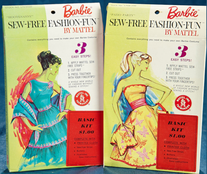 Two packages depicting models in the same pose: left hip swung out, hand on the left hip and looking over her left shoulder so her face is in profile. The illustrated woman at left has her right hand also on her hip, while the illustrated woman at right is holding her jacket in her hand at about the same position. Both have a purse slung over the left wrist, but the purses are covered by the red "Basic Kit" stickers at lower right. They wear full-skirted dresses: at left, a sleeveless blue dress with pink trim and matching shawl; at right, a strapless, light-colored dress with red and pink butterflies printed on and a wide pink sash at waist. The jacket's shape is hard to ascertain but is the same color with same butterfly print. The woman at right is depicted with a blonde ponytail, while the woman at right has a brunette updo. Both have bangs and pearl earrings.