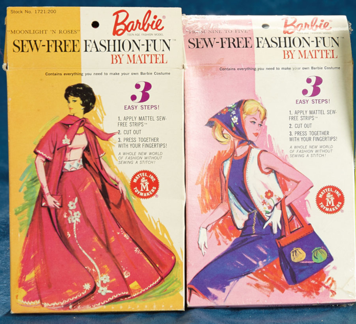 Two kits are pictured. At left, Moonlight 'n' Roses is depicted on a model with black bubblecut hair, She wears a full-skirted evening dress with pink bodice and red or dark pink skirt and floor-length flared jacket with elbow-length sleeves, and a short red scarf tied at her neck. Jacket, skirt and scarf have light colored floral and rick-rack shaped accents. The woman carries a slim red purse.
At right, a woman with blonde ponytail is illustrated wearing a blue kerchief tied under her chin, a blue sheath with tie belt, and a white vest. All have red trim. Kerchief and vest have brightly colored flower designs. She carries a blue handbag with red handles and trim, with yellow and green design on its surface--the design looks like shells or pictures of other purses but that is probably not correct.