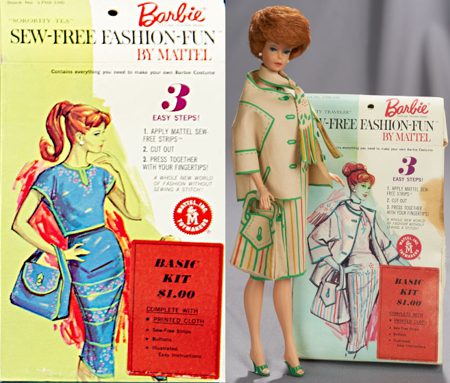 The two women illustrated on the two packages have poses that mirror each other: heads and bodies angled slightly to the right of the viewer, with the weight on the right leg and right hand on hip. The figure at left has left hand at her chin, while the figure at right has her left arm extending straight out. Both are drawn with red hair: a ponytail at left, an updo at right, both with bangs. They wear the two sheath and jacket combinations described under "Travel Fun" in the Sears catalog: Left, blue with short jacket that opens at the back and colorful accents; right, a pale color with pink, green and yellow accents plus a scarf at her neck. Both wear pearl earrings and carry large handbags matched to their outfits; both packages have a red sticker at bottom right reading, "BASIC KIT $1.00
Complete With
 - Printed Cloth
 - Sew-Free Strips
 - Buttons
 - Illustrated, Easy Instructions"
The fashion at right is also modeled on a redheaded bubblecut doll. The jacket looks bulky, and bright green printed-on "topstitching" is a little too thick, out of scale with the proportions of the doll and fashion. What looks like a flap closure on the handbag is actually printed on, with the handbag open at the top. The doll wears her own pearl earrings and green open-toed shoes that were not included in the set. While the llustrated doll wears her jacket swept behind the hand held at her hip, 1965 Barbie could not hold her hand to her hip, and her jacket hangs straight down. Where the illustrated sleeve hole is not drawn with any peculiarities, the realized jacket's sleeve has a mysterious right angle in the printed-on top stitching right at chest level.