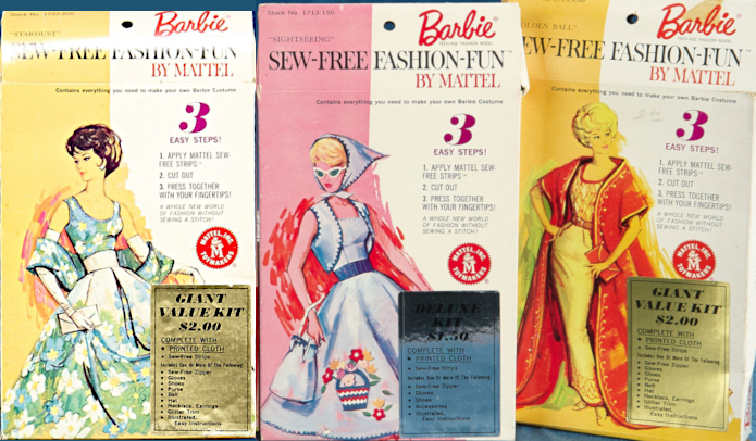 Three more kits, these were not discussed in the article. At left, "Stardust" is a full-skirted floral sleeveless gown with matching wrap and thick white sash at waist, shown with white clutch and long white gloves. At center, "Sightseeing" is a full-skirted casual dress in light blue with a basket of flowers embellishment on the skirt (think Friday Night Date for the applique style). A dark blue belt, bolero-style jacket, kerchief, and white-framed sunglasses with blue lenses complete the look. Her hair is mostly covered but matches a blonde ponytail. The skirt hem, jacket and kerchief all appear to have dark blue stitching along the edges. The models at left and center have the same pose, leaning back with arms slightly akimbo, looking over the right shoulder. At right, "Golden Ball" is shown on a blonde bubblecut model illustration. The dress is long and trim with red accents and belt; over it, she wears a voluminous, red, floor-length coat, trimmed in possibly glittery accents, and she carries a red clutch. The packages at left and right bear the "Giant Value" sticker while the one at center has the "Deluxe Kit" sticker.