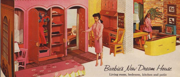 Catalog image shows brunette ponytail Barbie wearing Knitting Pretty, standing in a bedroom dominated by pink tones. Pak fashions and accessories can be seen in the open closet. Behind and to her right, Skipper stands in a living room crowded with furniture. She wears School Days and may be watching herself on TV.