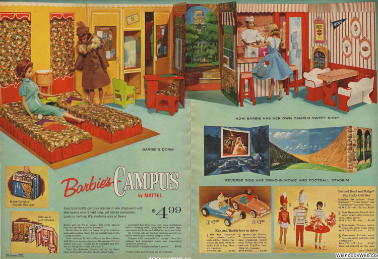 A two-page spread shows the interiors from the Barbie's Campus set. The dorm set includes two twin beds, a side table with lamp, a desk with chair, and a vanity chair for a vanity built into the wall. The sweet shop set includes a counter with two stools and a booth. Smaller insets show the set folded up for carrying as well as the outdoor sets of a football field, a drive-in theatre, and the quad. Also shown are a "Pep Rally Gift Set"--combining the Drum Major, Drum Majorette and Cheerleader ensembles--and two open-topped cars for use at the drive-in.