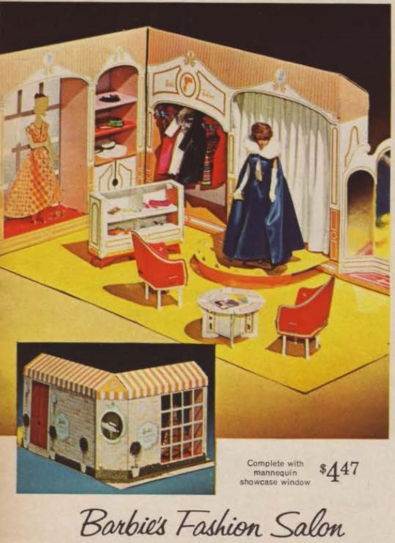 Color catalog image. Bubblecut Barbie stands on a low stage wearing Midnight Blue. Two red armchairs and a round white coffee table sit at the foor of the stage. A chipboard mannequin wearing Dinner at Eight stands in the window. Other garments hang on a rack at the back, and accessories, including the hat from After Five, line the shelves.