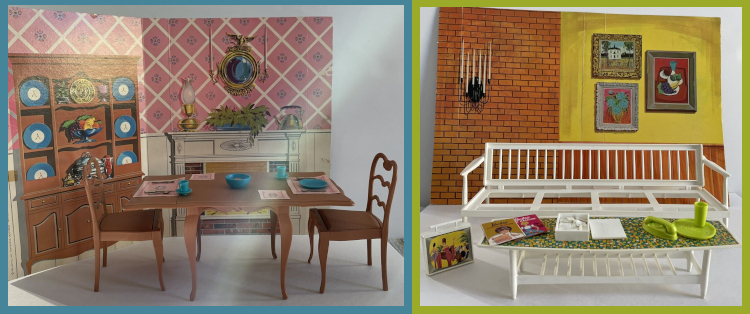 At left, a dining room set includes two chairs and a table (folding leafs shown extended) in brown plastic; a plate, a bowl and two mugs with saucers in blue plastic; placemats and napkins in a pink shade; an d a backdrop depicting a china cabinet, a fireplace, and a mirror with two candleholders hanging above the fireplace. There is also a potted plant, a gas lamp and a tea pot on the mantel. At right, the sofa bed's frame with no cushions and the tile-topped coffee table in white plastic; a tray, cup and telephone in avocado green plastic; a tiny domino set and portable television in white plastic; and two Barbie-sized magazines site before a partial wall that is half red brick, with an imposing candelabra illustrated, and half a yellow wall with wood paneling below, illustrated to hold three pieces of framed art.