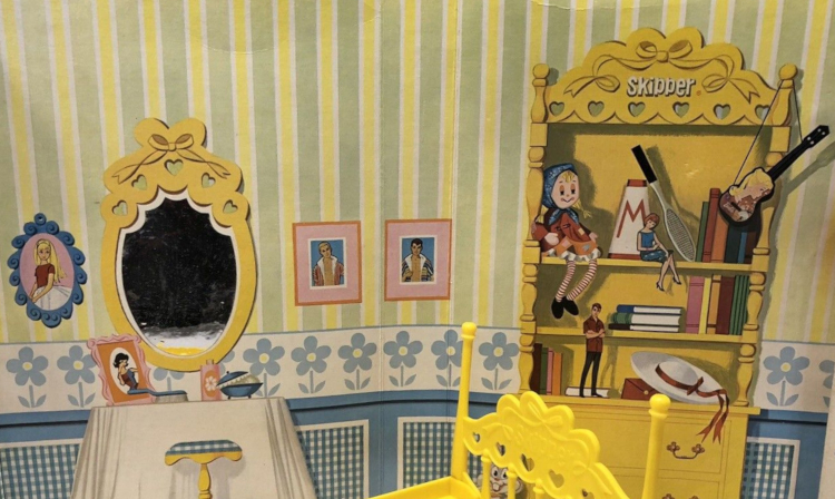 Closeup on part of Skipper's wall, as described in the main text. The mirror at the vanity is a somewhat reflective silver, and the shelves also hold many books and a tennis racket. A brush, powder puff and bottle are illustrated on the vanity.