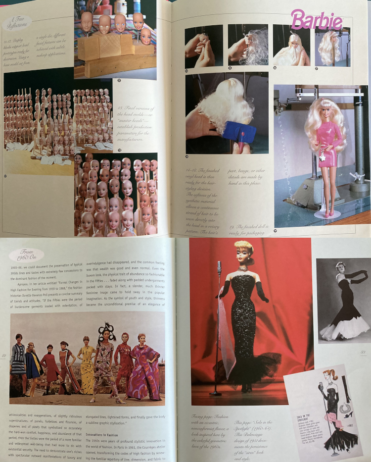 Two two-page spreads. One shows rows of bald doll heads and hair being attached and styled; the second shows ponytail Barbie in Solo in the Spotlight; the Solo in the Spotlight fashion sketch from the Mattel booklet; and black-and-white photograph of a similar Balenciaga design from 1951, opposite a color photo of psychedelic 1960s fashions and accompanying text.