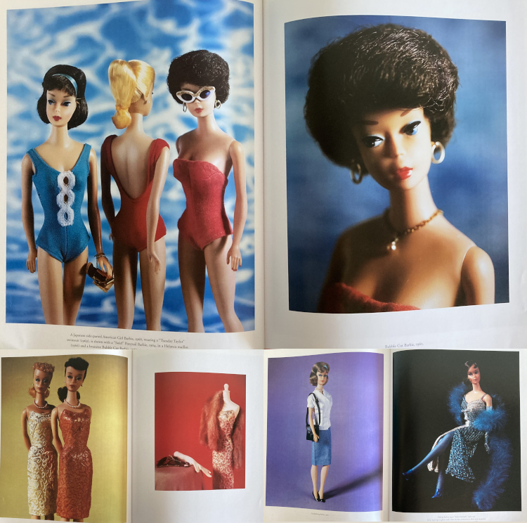 Three two-page spreads of Levinthal's photography. One shows three swimsuited dolls (in a blue Tuesday Taylor suit, a red Helenca suit, and a red strapless suit) before a background suggesting a swimming pool, and on the facing page, a close-up on the dark-haired bubble cut in the strapless suit; one shows two ponytail dolls in 1960s lame sheaths opposite an image of the Golden Girl sheath on a mannequin, draped with a fur, accessories on a table beside; Finally, an American Girl doll in a white button down and blue pencil skirt faces a mod doll in Silver Serenade.