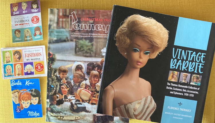 Three Mattel fashion booklets, a vintage JC Penney Christmas catalog, and a catalog from Theriault's