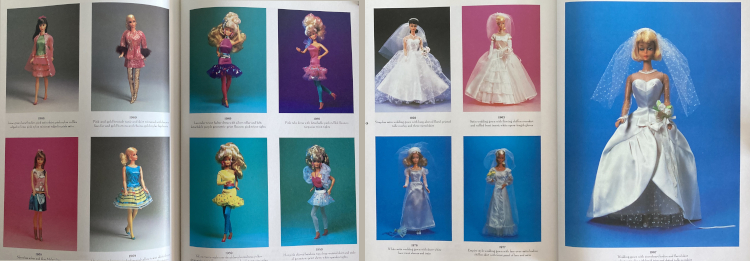 At left, four 1980s Style Magic ensembles face four Sixties looks including Zokko! and Twinkle Togs. At right, five wedding gowns from 1959 to 1977.
