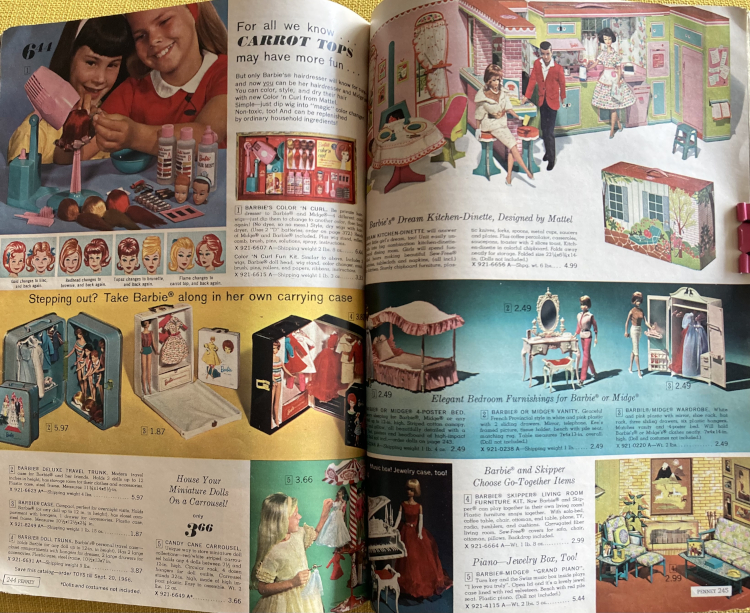 The JC Penney catalog lies open, showing a Color n' Curl set, three carrying cases, a candy-cane-striped clothing carousel, the Dream Kitchen-Dinette, Suzy Goose furniture and the Go-Together Living Room set.