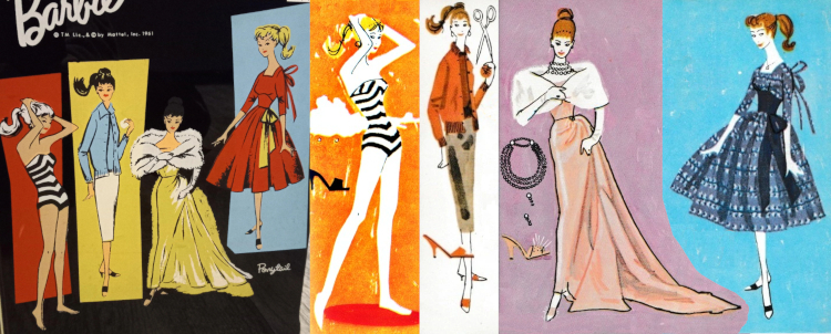 As described in the caption, noting that on the carrying case, Sweater Girl has a pale blue cardigan set and white skirt, Enchanted Evening has a gold dress, Let's Dance is a solid red dress with gold sash; in the booklet images Sweater girl has an orange cardigan set and brown skirt, Enchanted Evening is pink, and Let's dance is a blue patterned dress with darker blue sash.