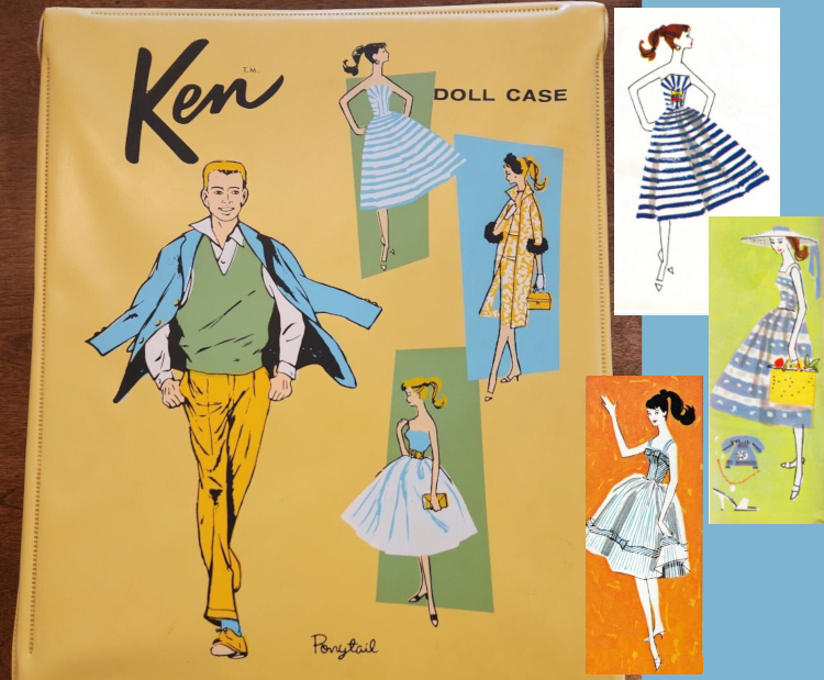 At left is a yellow case featuring Ken. in smaller insets against that jaunty quadrilateral shapes are Barbie in 3 ensembes. At top, a sundress of white and pale blue stripes doesn't look exactly like any known ensemble. Below that, Evening Splendor looks more or less as the real garments do, and at bottom, Silken Flame is recognizable despite the bodice having changed from red to pale blue. At right, three booklet images are shown to illustrate that the top dress at left must be Cotton Casual, due to the model's pose (although the Cotton Casual illustration shows much darker navy stripes and colorful bows on the bodice). The other candidates depicted are Movie date and Suburban Shopper, both with blue and white stripes and similar silhouettes--but the poses are wrong.