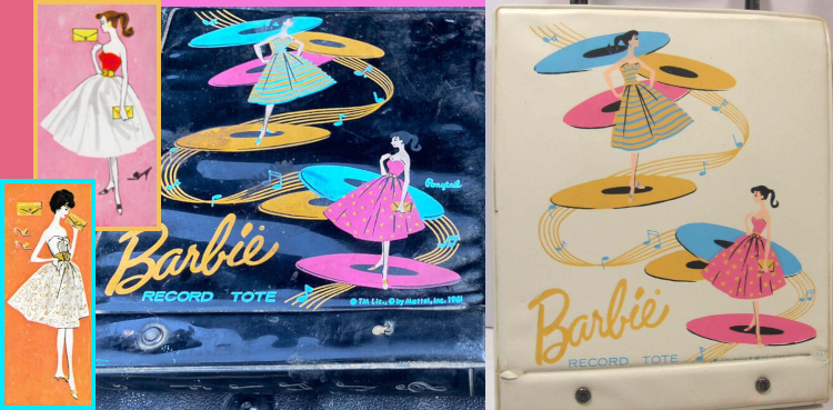 A pair of record totes are identical except one has a black background and one a white. Two Barbies dressed for dancing are standing on oversized records amidst a trail of similar records and a twisting staff with music notes. Colors are silkscreened in pink, blue and gold. One of the two Barbies is recognizable, in pose, as the Cotton Casual figure but with blue and gold stripes on her dress. The second has an all-pink dress with what look like gold polka dots on the skirt. Her pose is the same as the Silken Flame model on the Ken case in the previous image. At left, a Silken Flame image from the 1961 is shown along with a Party Date figure from 1962. The Silken Flame booklet illustration matches that on the record totes, although the dress is a better match for Party Date, in the author's opinion.