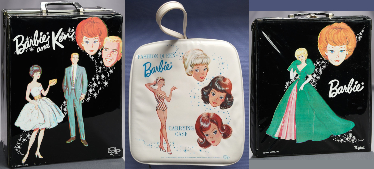 Three doll carrying cases. At left, on a black background, brunette bubble cut Barbie wears Party Date and gestures toward a suited Ken with her clutch. Red bubble cut and blond Ken heads float at the end of a sparkle trail. At center, on a white vinyl case, Fashion Queen Barbie stands next to three floating heads: platinum blonde bubble-on-bubble, dark brunette, and reddish short flip. At right, blonde bubble cut Barbie in Sophisticated Lady stands on a black background with sparkle trail. Her dress is pink as in the real ensemble but her evening coat is green. A red-haired bubble cut head floats nearby.