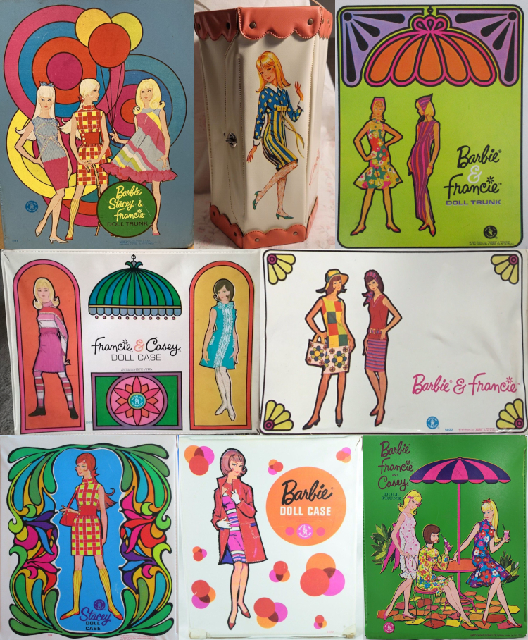 Eight doll cases starting from 1965. In addition to Barbie, Francie, Casey and Stacey are depicted. Colorful abstract decoration resembles Tiffany stained glass.  Three illustrations running down the righthand side of the collage all show Barbie and Francie or Casey dressed in Color Magic Fashions. All fashions shown are recognizable and in the known color schemes, including Knit Hit, Floating In, Iced Blue, Fashion Shiner and others in addition to the Color Magic ensembles.