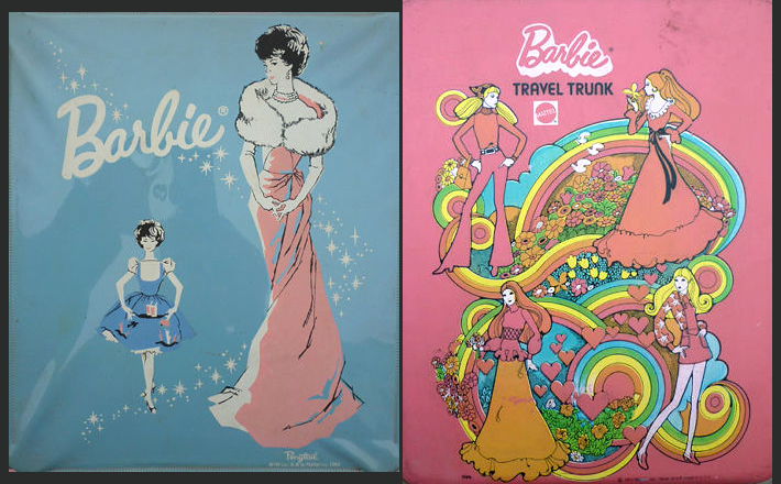 Left: light blue carrying case showing dark-haired Barbie in Enchanted Evening and Friday Night Date, in a limited palette but essentially the correct colors, on a white sparkle trail. Right: A sort of rainbow trail with pink hearts on a pink case. One figure wears a minidress, one wears bell bottoms, and two are dressed in long flowing pilgrim/bucolic fashions; this illustration is exiting the mod era on the other side.