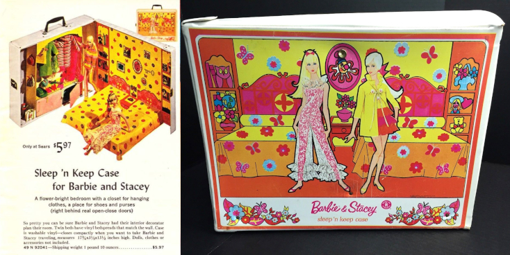 Left is a color catalog entry for the Sleep-n-Keep case as described in the text. The text is too small to read, except "Sleep 'n Keep Case for Barbie and Stacey; A flower-bright bedroom with a closet for hanging clothes, a place for shoes and purses (right behind real open-close doors); Only at Sears $5.97." The bedroom has bright yellow, flowered wallpaper and bedspreads with reddish backboards. At right, the exterior of the case is an illustration of the room pictured at left, including Barbie in Jump Into Lace and Stacey in Night Clouds.
