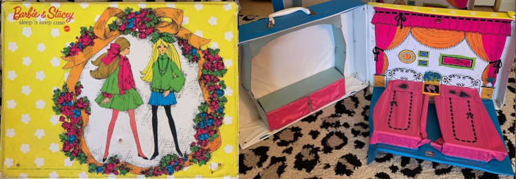 Barbie and Stacey Sleep 'n Keep Case exterior shows the two inhabitants--one in Fancy Dancy--but no room. At right, the open case shows blue flooring (the material of the case), bright pink bedsreads, curtains and cabinets with illustrated wrought iron headboards. Details include flamed art on the wall. The set is displayed on top of someone's animal print rug, but that's not part of the case (though it is referenced in the text).