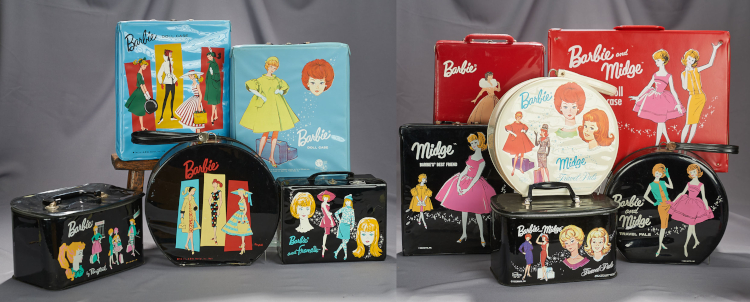 Two photographs including a total of eleven cases. In the left image are two cases that use the jazzy off-kilter rectangles mentioned in the post; most others have trails of white sparkles running behind the figures, and the others have floating heads in addition to full-length dressed figures. The cases themselves are light blue, black, white and red vinyl. Most cases have the limited color palette discussed in the post, while two on the right hand side are full color.