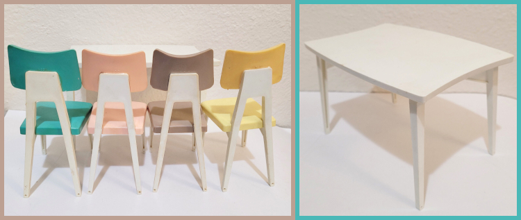Left: Four Dream Kitchen chairs are lined up with their backs to the viewer. Right: a clear view of the Dream Kitchen table with no chairs, dishes, or food.
