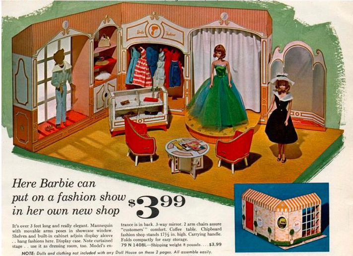 Color catalog image. Midge, wearing Senior Prom, poses on a low stage before two empty arm chairs in the Fashion Shop, while a second Midge in After Five stands staring in a different direction. In the shop window, a chipboard mannequin wears Mood for Music. Text reads, "Here Barbie can put on a fashion show in her own new shop; $3.99; It's over 3 feet long and really elegant. Mannequin with movable arms poses in showcase window. Shelves and built-in cabinet adjoin display alcove . . hang fashions here. Display case. Note curtained stage . . use it as a dressing room, too. Model's entrance is in back. 3-way mirror. 2 arm chairs assure "customers" comfort. Coffee table. Chipboard fashion shop stands 17 1/2 in. high. Carrying handle. Folds compactly for easy storage." Small inset image shows shop exterior with display window, bright red door, light red brick and striped awning.